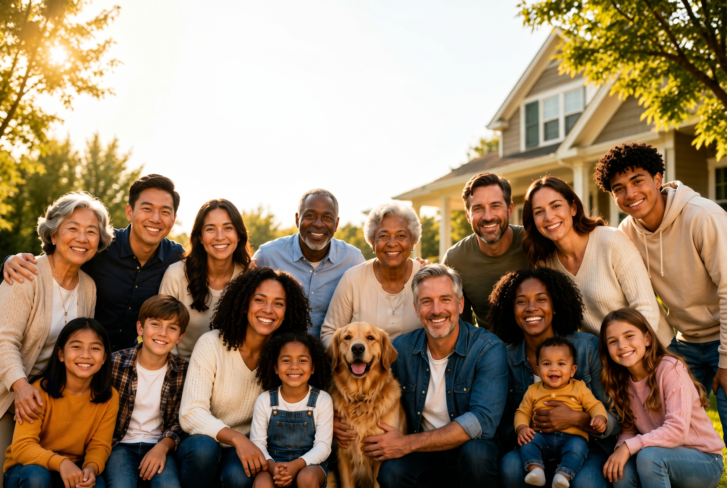 A happy multi-generational family together at home